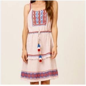 NEW Laia x Anthropologie Geometric Embroidered Striped Gauze Tassel Dress Size L
